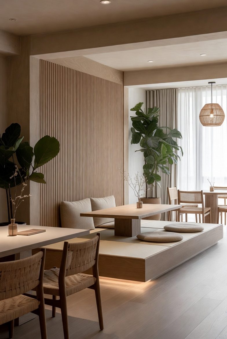 Intérieur japandi — bois clair et lumière diffuse